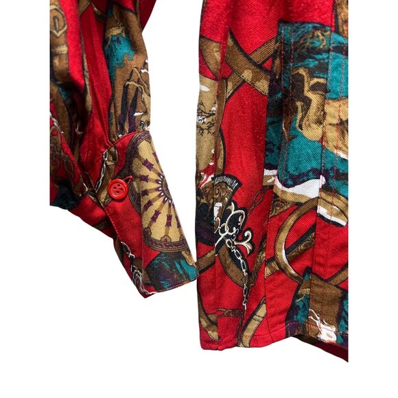 Chause Petite Vintage 90's Red and Gold Equestrian Print Silk Blend Button Down - Picture 3 of 6